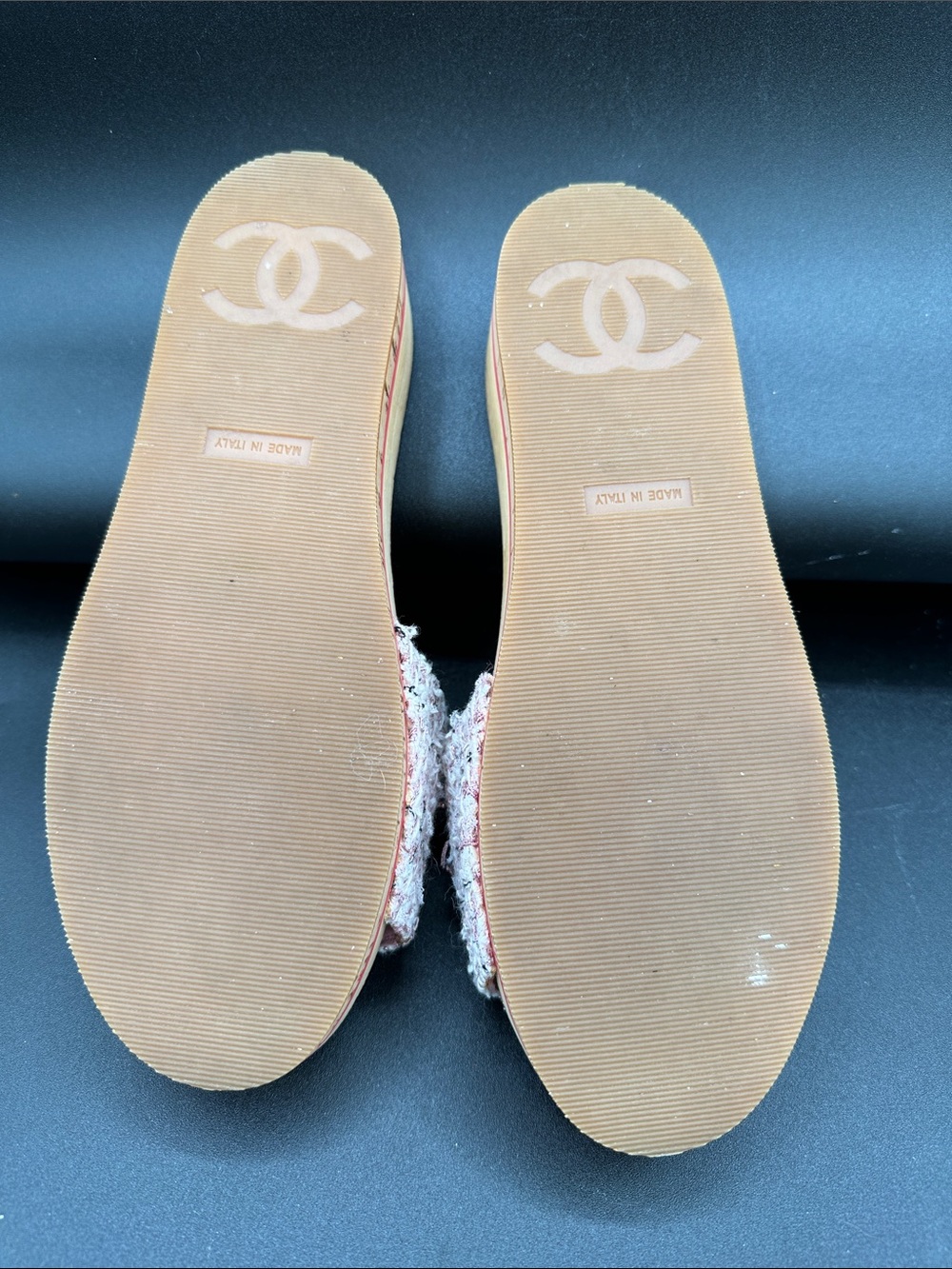 CHANEL Pink Tweed Slide Sandals with Red CC Emblem - Picture 3 of 6